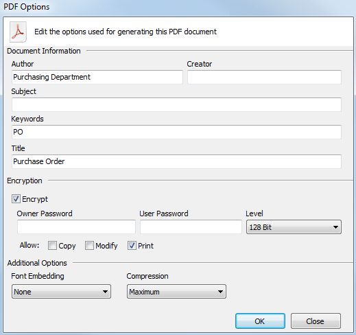 PDF Options dialog showing various configurable options.